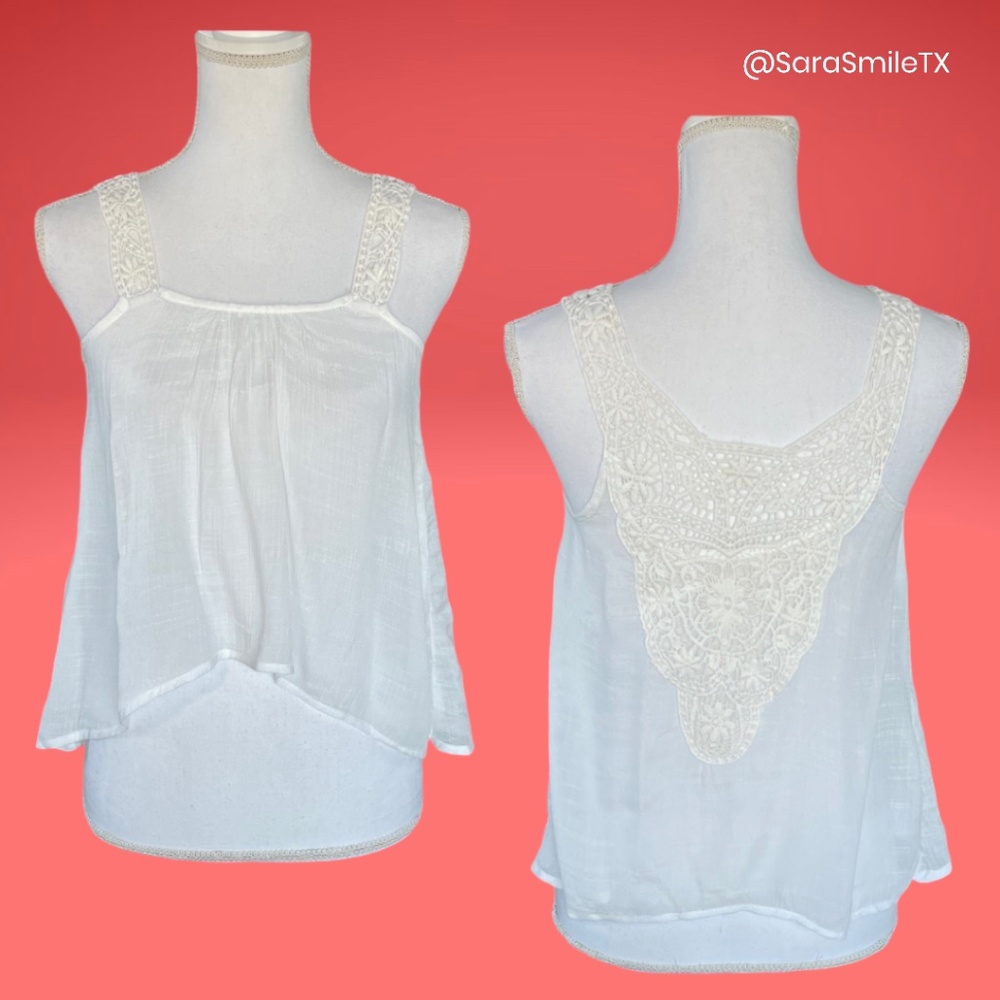 ANTHROPOLOGIE - E & M - Boho White Linen Crochet Back Swing Tank Top